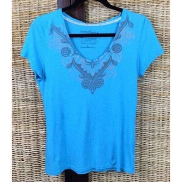 Green Apple Eco-Friendly V-Neck T-Shirt L Blue Gray Embellished Print Large - Picture 1 of 3